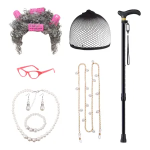 80s Old Grandma Cosplay Costume Set Gray Wig Pearls Glasses Cane Party Stage Performance