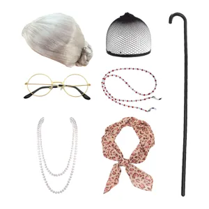 Old lady cosplay costume set including grey wig round glasses pearl necklace scarf cane prop