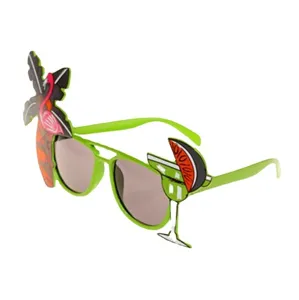 Hawaiian party sunglasses with tropical flamingo and cocktail decor for summer beach events.