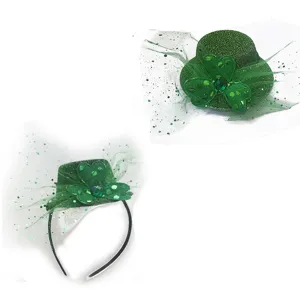 St. Patrick's Day green mini top hat headband with shamrock mesh veil costume accessory