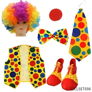 Colorful clown costume detail showing polka dot vest, rainbow wig, bow tie and funny shoes.