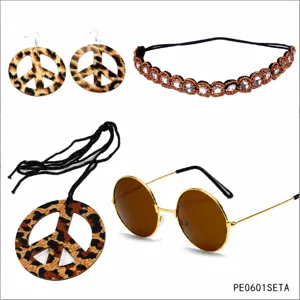 60s hippie retro party costume accessories set with peace sign earrings, necklace and sunglasses.