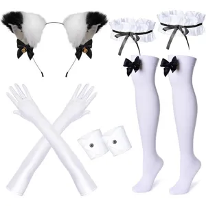 Set costume cosplay da cameriera anime con cerchietto orecchie di gatto e guanti bianchi.
