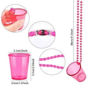 Plastic shot glass necklace detail view showing product dimensions and bead chain structure.