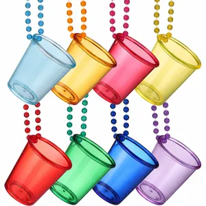 Colorful plastic shot glasses with matching bead necklaces, detail view of party cup set.