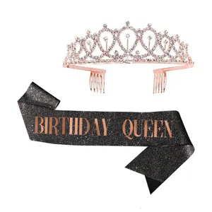 Roségoldene Geburtstag Tiara und schwarze Glitzer Scherpe Set für Party Feier Dekoration.