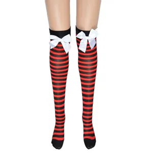 Red black striped thigh high stockings with white bow for cosplay party costume variant
