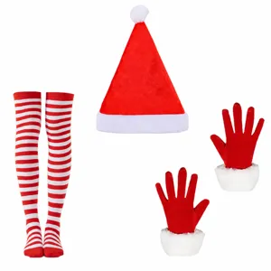 Christmas costume set including Santa hat striped long socks and gloves for holiday party wear.