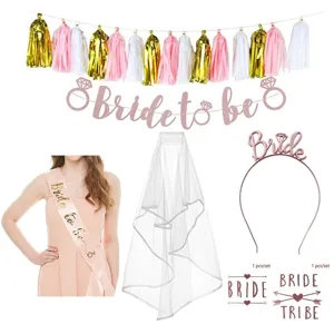 Πλήρες σετ αξεσουάρ για bachelor party νύφης με ροζ χρυσό banner bride to be και πέπλο.