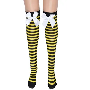 Yellow black striped over knee socks with white bow costume stockings for women party 1 pair
