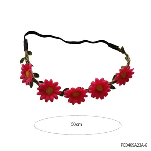 Hippie floral headband with pink daisies and black elastic band for party dress up 50cm