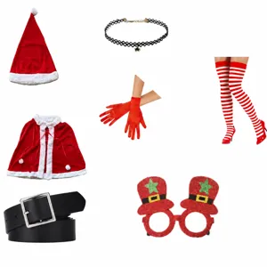 Christmas costume set size chart with red cape, hat, stockings, gloves, belt and glasses.