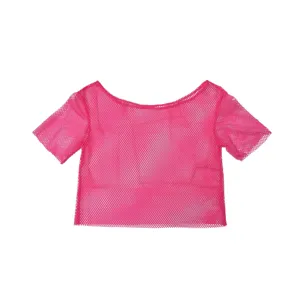 Pink fishnet crop top detail, retro 1980s party mesh short sleeve t-shirt close up view