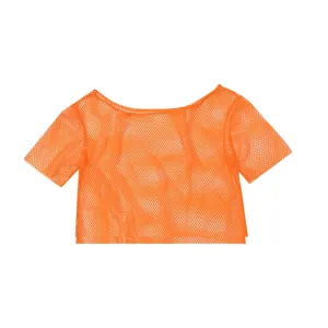 Orange fishnet crop top, short sleeve mesh tee for 80s party costume and festival wear.