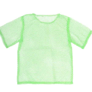 Neon green fishnet mesh short sleeve t-shirt detail showing breathable 1980s retro style.