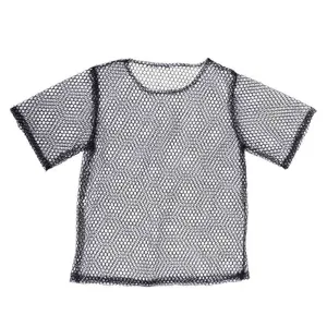 Black fishnet short sleeve top, 1980s retro party costume mesh t-shirt for women.