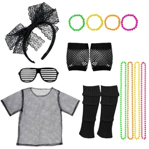 80s retro fishnet party costume set including top, lace headband, and neon accessories.