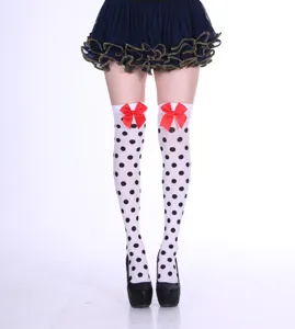 Black polka dot thigh high stockings with red bows, cute variant for costume parties.