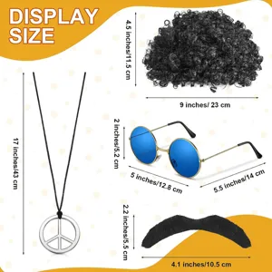 Detailed size breakdown of 70s retro party costume set including wig, glasses and necklace.