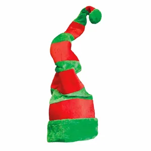 Detailed view of the red and green velvet elf hat, showcasing the long twisted tip.