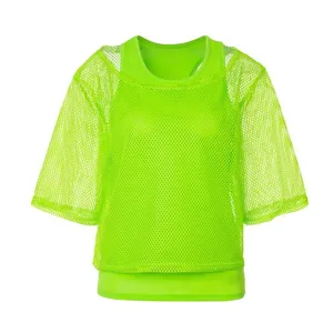 Neon green fishnet short sleeve top 80s retro party mesh t-shirt women fashion clothing