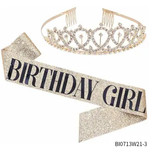 Birthday tiara and glitter sash set for women party celebration, stunning rhinestone crown decor.
