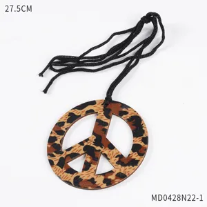 Hippie peace sign wooden necklace with leopard print pattern and black cord pendant item.
