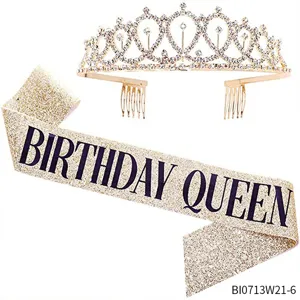 Birthday tiara and glitter sash set gold rhinestone crown party headband for women