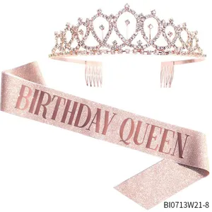Rose gold birthday tiara and sparkly sash set, perfect party decoration for women and girls.