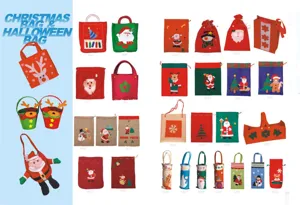Christmas and Halloween holiday gift bags, festive drawstring tote details and assortment catalog.