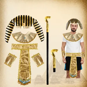 Detailed view of Egyptian pharaoh costume set accessories, including headdress, scepter and props.