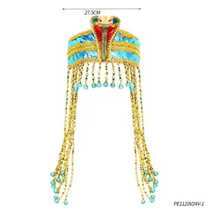 Détail de coiffe pharaon égyptien serpent avec tresses dorées et perles suspendues