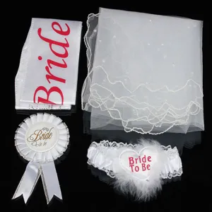 White bachelorette party 4-piece set including bridal sash, veil, rosette badge and garter.