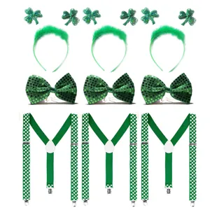 St. Patrick's Day grüne Party Accessoires Detail mit Kleeblatt Haarband Fliege Hosenträger.