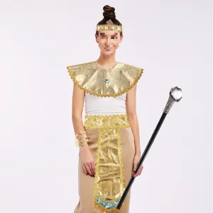 Halloween Egyptian pharaoh cosplay costume set with golden collar, belt, bracelet and scepter.