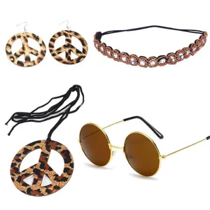 Hippie peace sign necklace earrings headband and vintage round sunglasses detail.