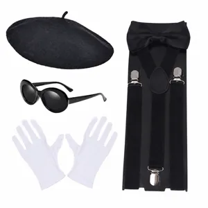 Halloween Cosplay Costume Accessories Set Beret Hat Sunglasses Gloves Suspenders Party Dress Up Performance Props