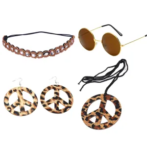 60s hippie costume accessories set featuring retro headband round sunglasses peace sign earrings