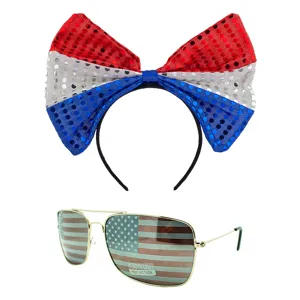 American Independence Day party sequin bow headband and flag sunglasses detail view set