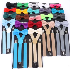 Adult suspenders and bow tie set elastic clip solid color wedding groom accessories