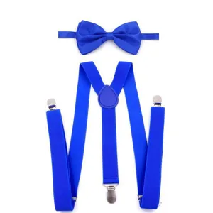 Royal blue bow tie and suspenders set for adults, classic solid color matching accessory.