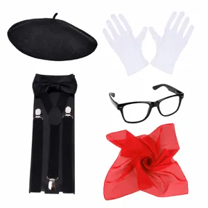 Halloween cosplay costume accessories set featuring black beret, white gloves, and red scarf.