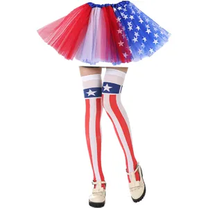 Independence day theme tutu skirt and striped socks detail view for party outfit.