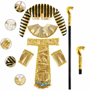 Halloween Egyptian pharaoh cosplay costume set with golden headdress, collar, and scepter.