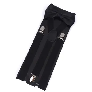 Classic black men's suspenders and bow tie set with three metal clips on display card.