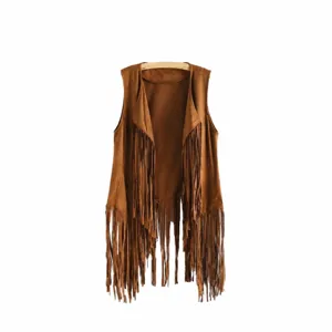 Fringe vest detail shot, retro suede sleeveless top, vintage 60s hippie style clothing accessory.