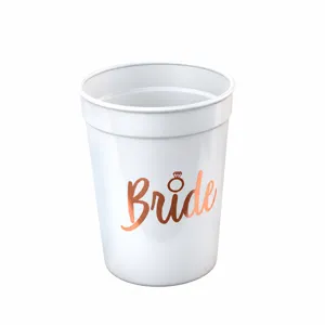 White plastic bridal party cup with elegant rose gold Bride text and ring detail.