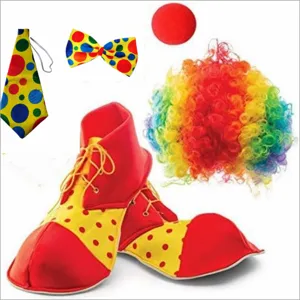 Colorful clown costume set with afro wig, red nose, oversized shoes, bowtie and necktie.