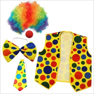 Colorful clown costume set including rainbow afro wig, red nose, bow tie, tie, and vest.
