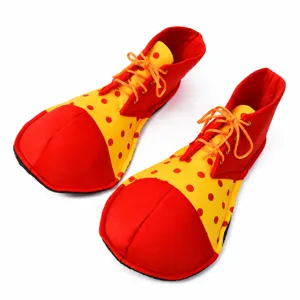Red fabric clown shoes for cosplay, giant novelty funny costume footwear for party events.